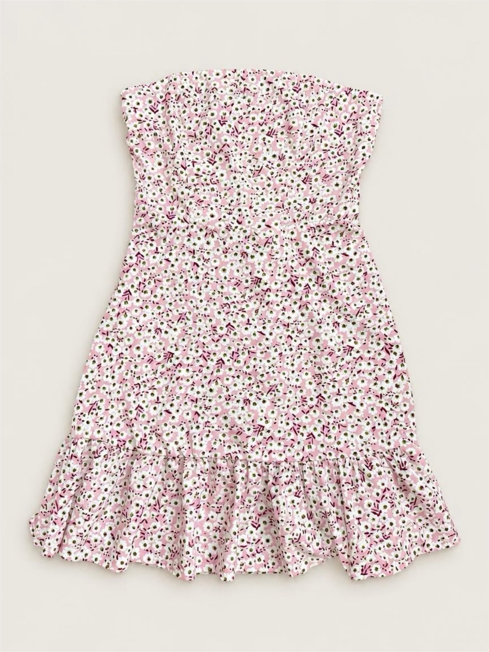 Pink Floral Strapless Ruffle Mini Dress - S